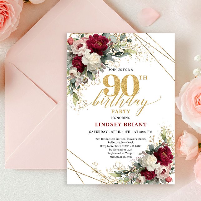Invitation Roses blanches or Classic Burgundy 90e anniversair (Classic Burgundy White Gold Roses 90th Birthday Card

)