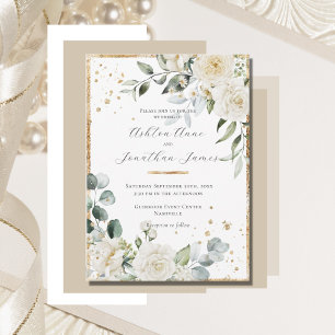 Invitation Roses blanches or élégant Mariage moderne