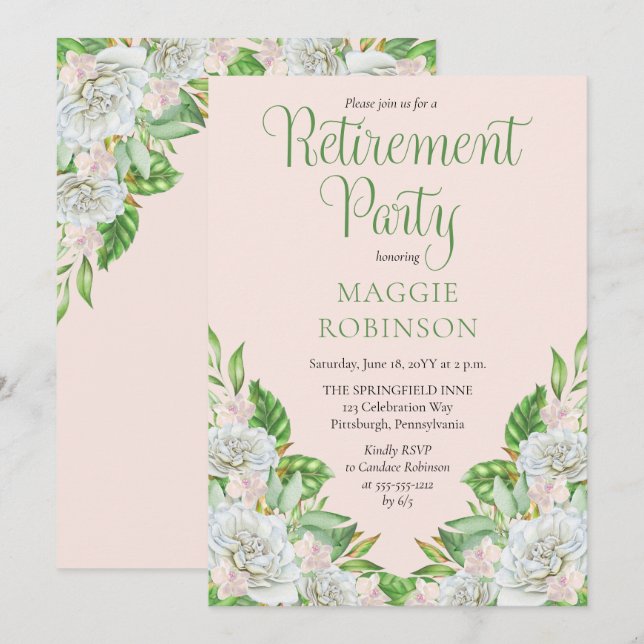Invitation Roses blanches | Orchids Boho Floral Retirement Pa (Devant / Derrière)