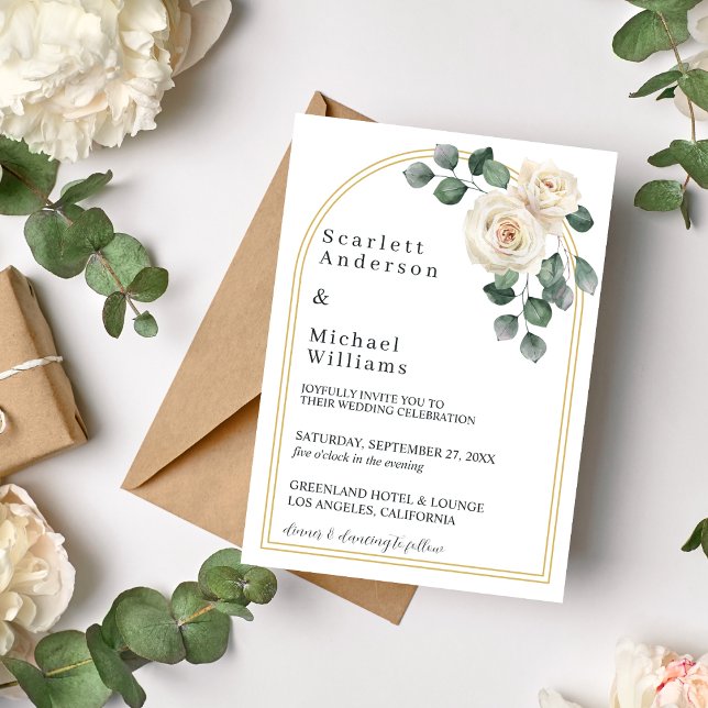 Invitation Roses blanches Printemps Floral Mariage Romantique (Angled view minimal floral golden wedding arch soft botanical romantic timeless wedding invitation)