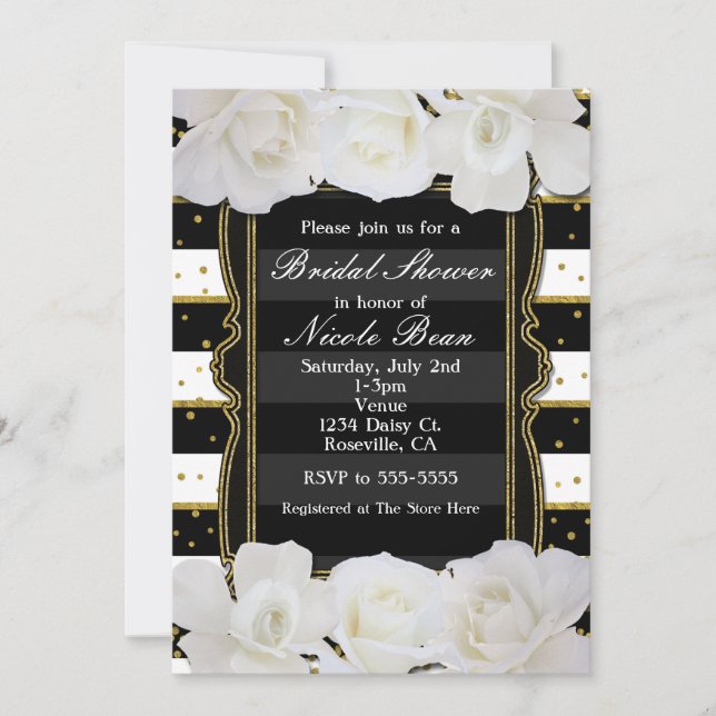 Invitation Roses blanches rayures noires et or Fête prénuptia (Devant)