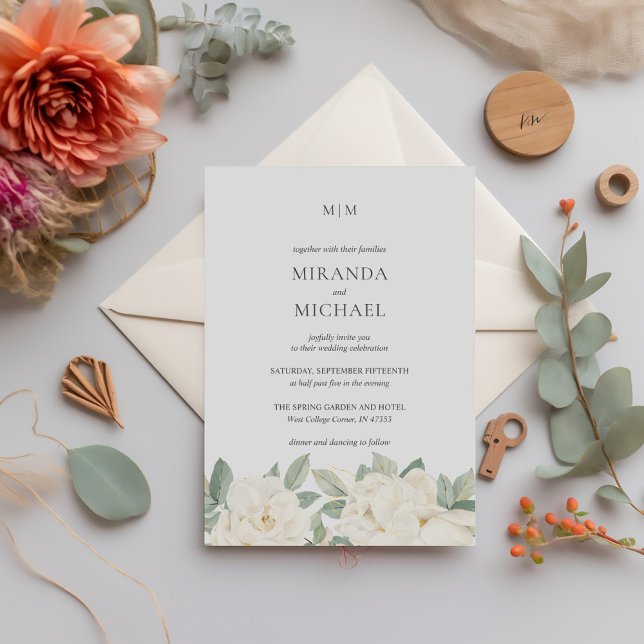 Invitation Roses blanches romantiques Élégant MARIAGE monogra (Créateur téléchargé)