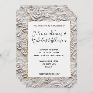 Invitation Roses blanches romantiques Faux Mariage en cuir