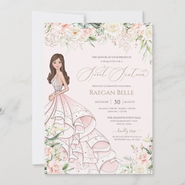Invitation Roses blanches rose pâle Luxe Sweet sixteen Invit (Devant)