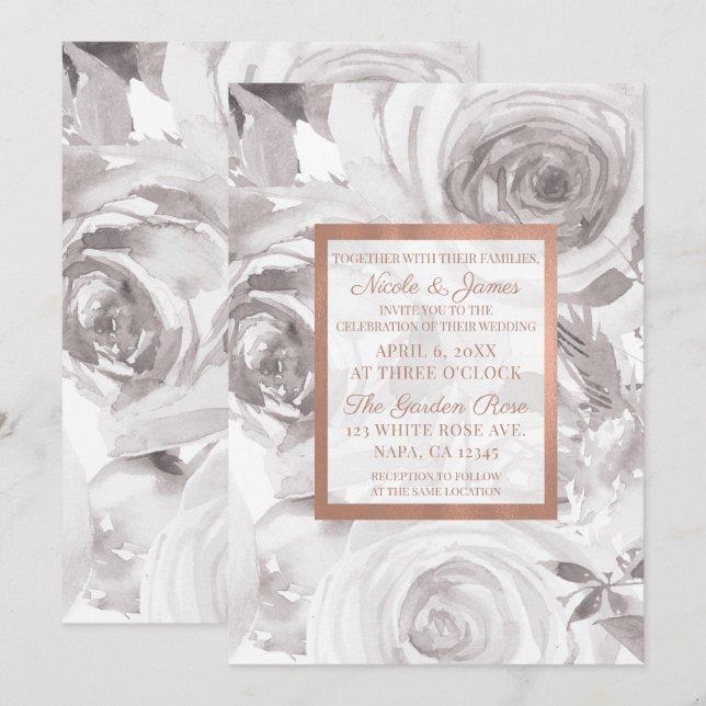 Invitation Roses blanches Rose rose or Moderne Élégant Mariag (Devant / Derrière)