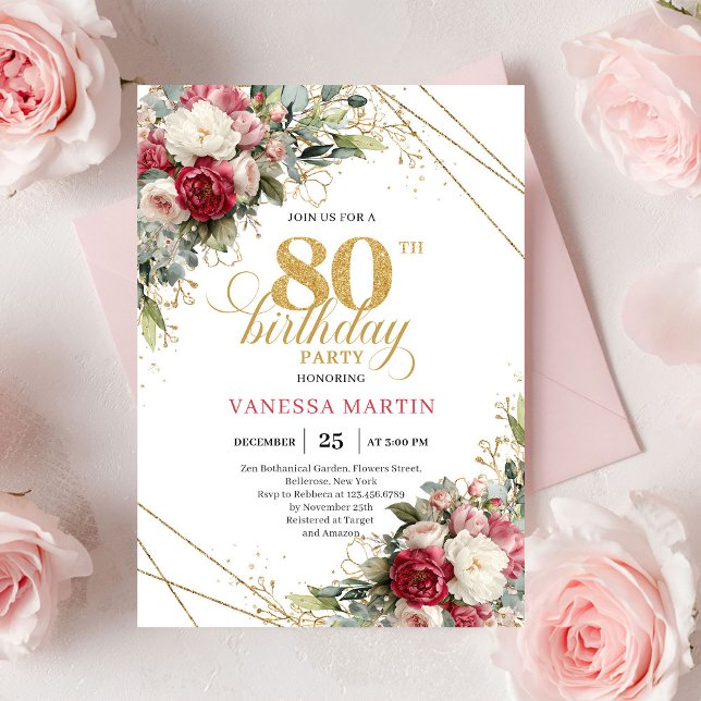 Invitation Roses blanches rosées élégantes avec garniture dor (Blush white roses elegant gold trim 80th birthday invitation

)