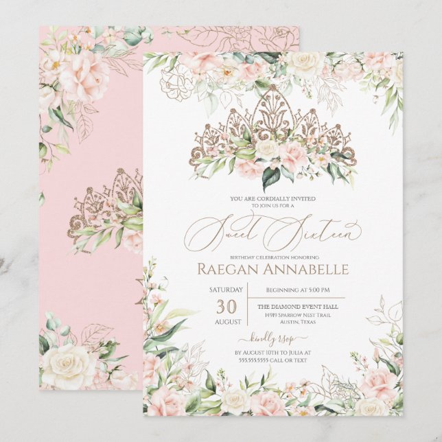 Invitation Roses blanches roses douces Élégantes Douces 16 An (Devant / Derrière)