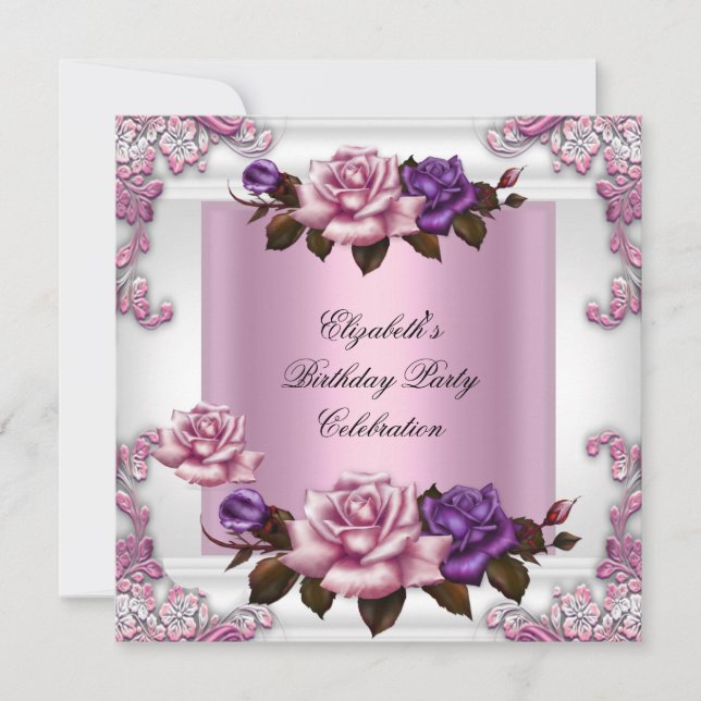 Invitation Roses Blanches Roses Roses Violettes Fête d'Annive (Devant)