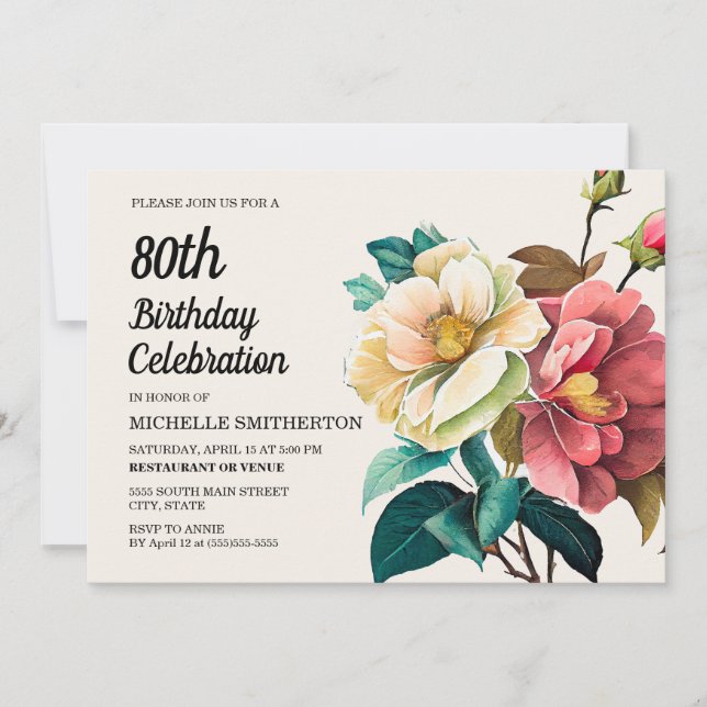 Invitation Roses blanches rouges 80e anniversaire (Devant)
