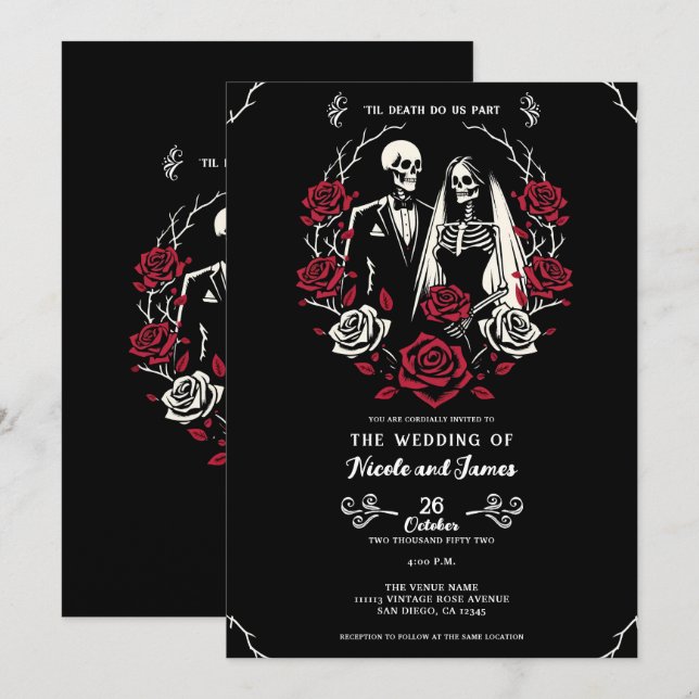 Invitation Roses blanches rouges & noires Squelette Couple Ma (Devant / Derrière)