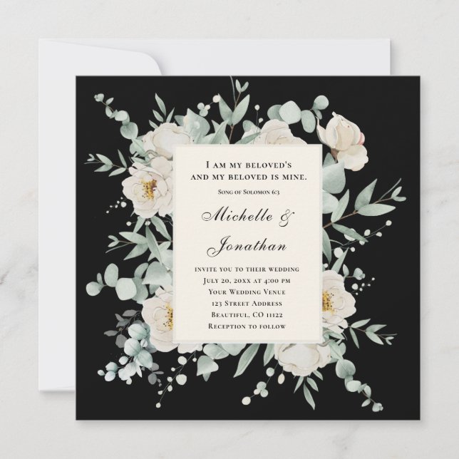 Invitation Roses blanches sur la Bible noire Verse Mariage ch (Devant)