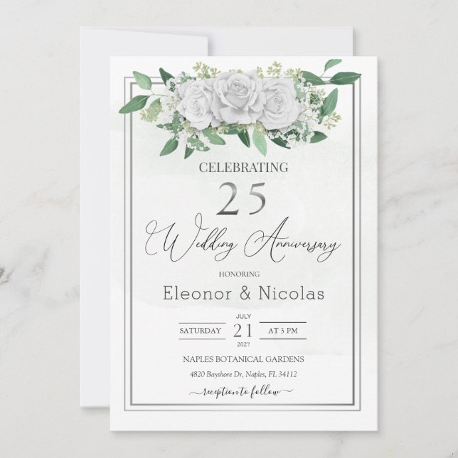 Invitation Roses blanches verdure 25e anniversaire de mariage (Devant)