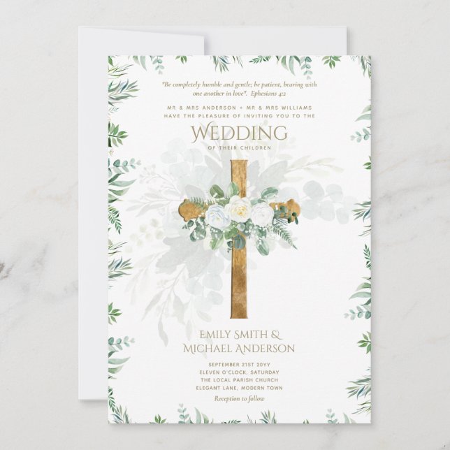 Invitation Roses blanches Verdure Bible Mariage chrétienne Ve (Devant)