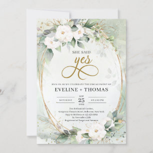 Invitation Roses blanches verdure eucalyptus or elle a dit ou