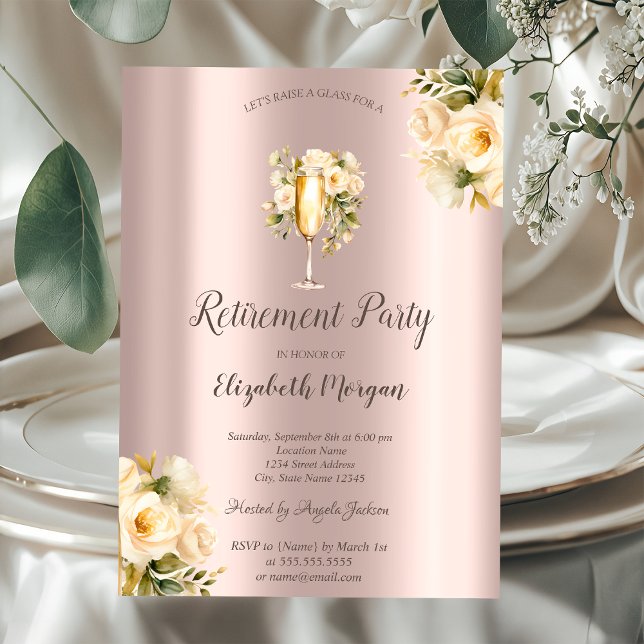 Invitation Roses blanches,Verre à champagne,Retraite en or ro (Créateur téléchargé)