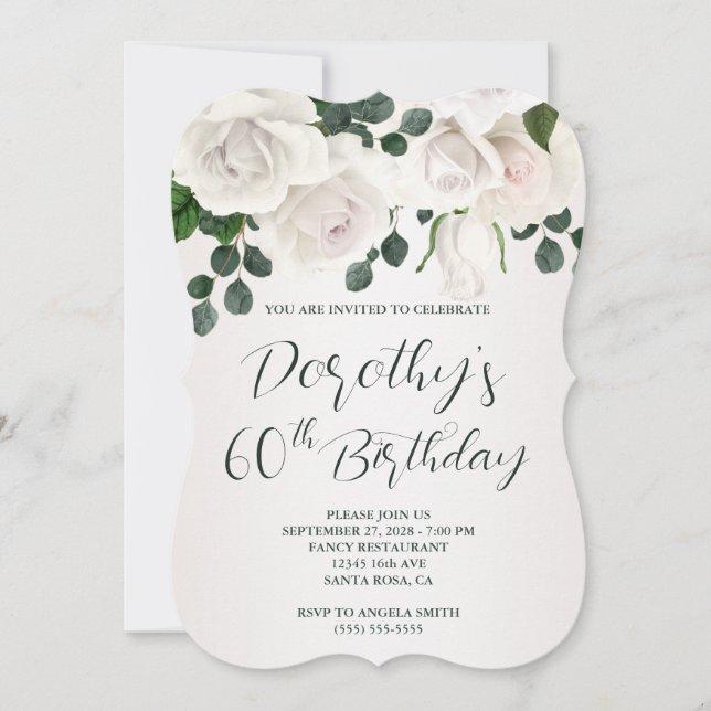 Invitation Roses blanches vintage Luxueux 60e anniversaire (Devant)