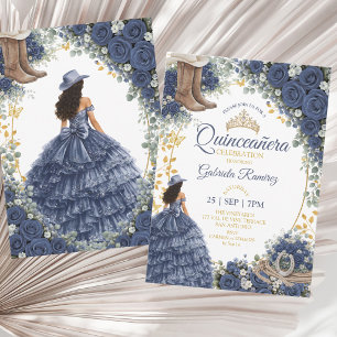 Invitation Roses Bleu de Marine Occidentales Quinceañera Doré