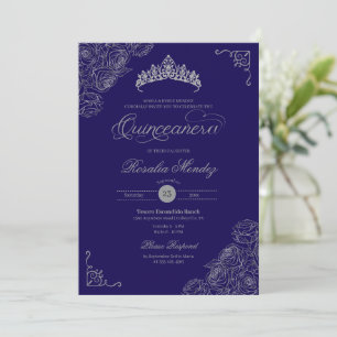 Invitation Roses Bleu et Argent Elégant Quinceañera