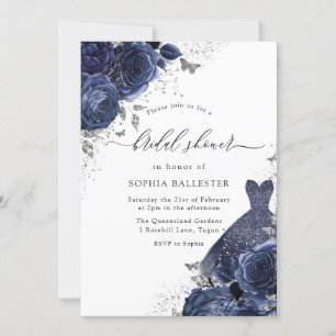 Invitation Roses bleu marine et robe Fête des mariées en arge