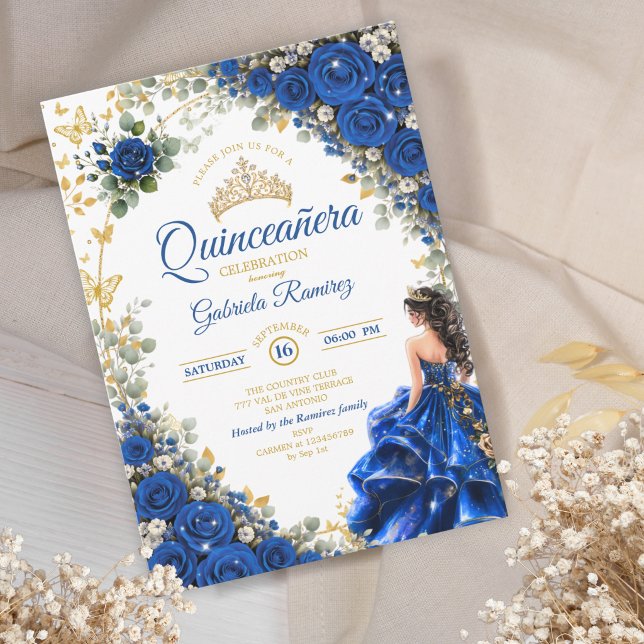 Invitation Roses Bleu Royal Papillons Dorés Quinceañera (Créateur téléchargé)