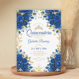 Invitation Roses Bleu Royal Quinceañera Papillons Dorés 
