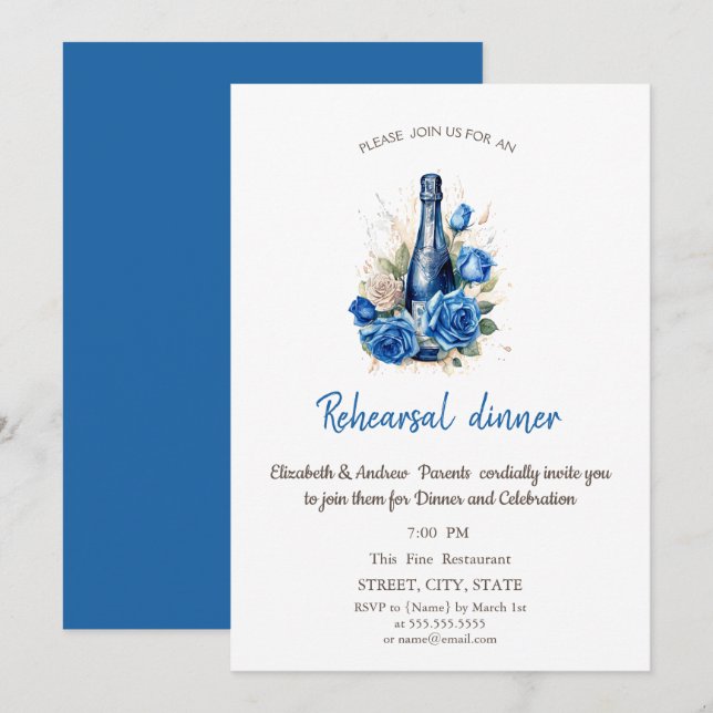 Invitation Roses Bleues Bouteille de Vin Dîner de Répétition (Devant / Derrière)