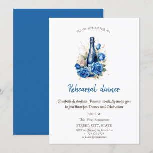 Invitation Roses Bleues Bouteille de Vin Dîner de Répétition