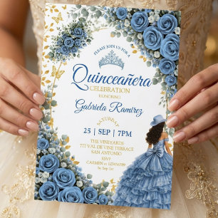 Invitation Roses Bleues de l'Ouest Dorées Quinceañera