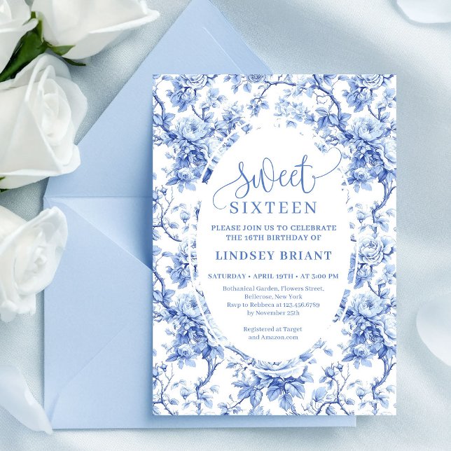 Invitation Roses Bleues de Marine Fleurs Numériques pour Douz (Navy Blue Roses Digital Floral Sweet Sixteen)
