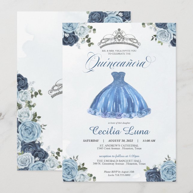 Invitation Roses Bleues et Blanches Princesse Quinceañera Ann (Devant / Derrière)