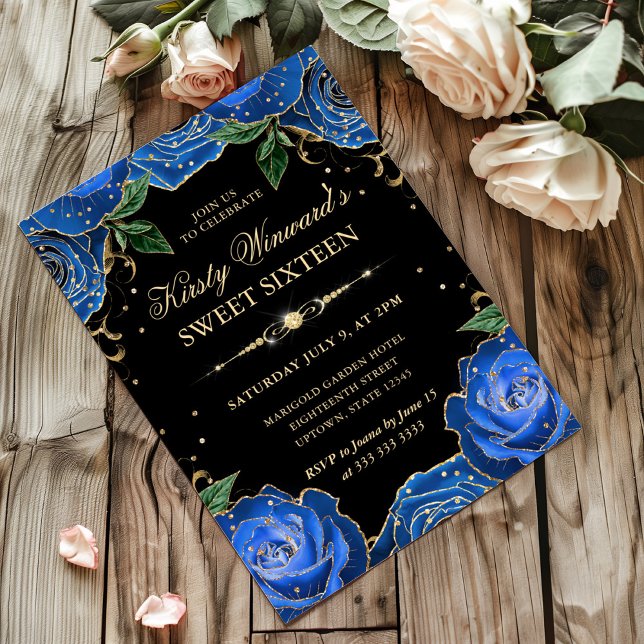 Invitation Roses Bleues et Dorées Fleurs Douze ans (Créateur téléchargé)