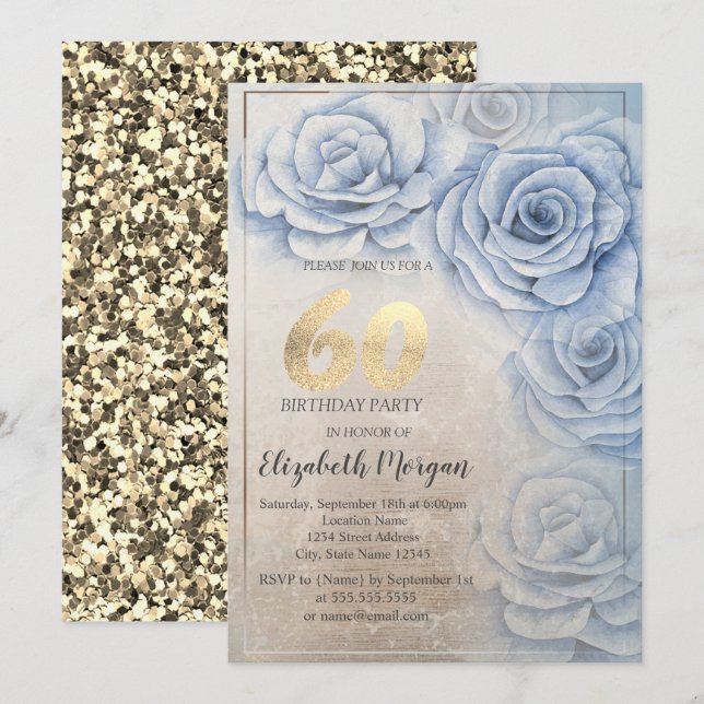 Invitation Roses bleues et paillettes dorées pour 60 ans (Devant / Derrière)