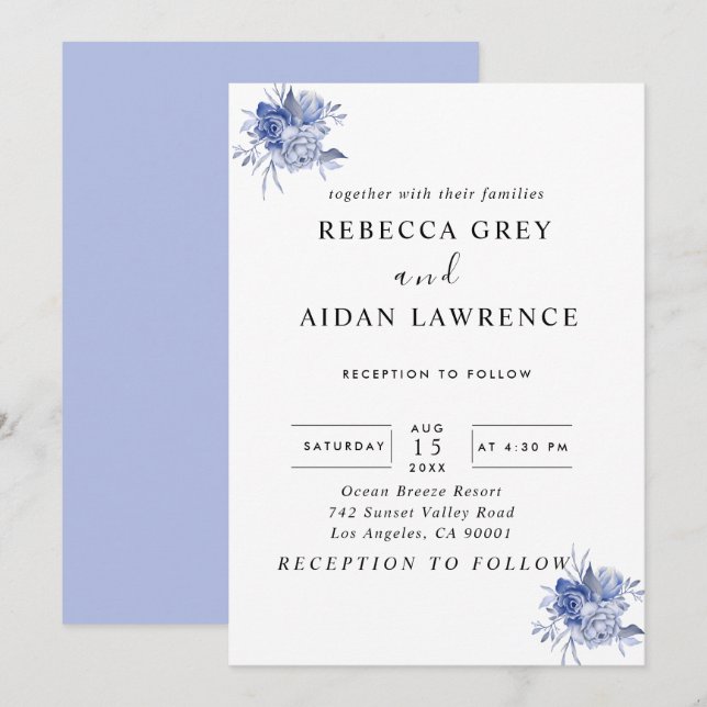 Invitation roses bleues poussiéreuses rustiques et autres fle (Devant / Derrière)