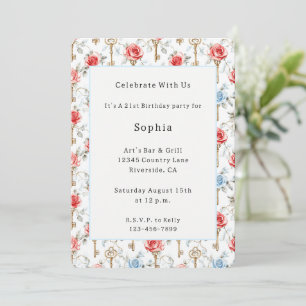 Invitation Roses Bleues Rouges Clés Dorées Anniversaire