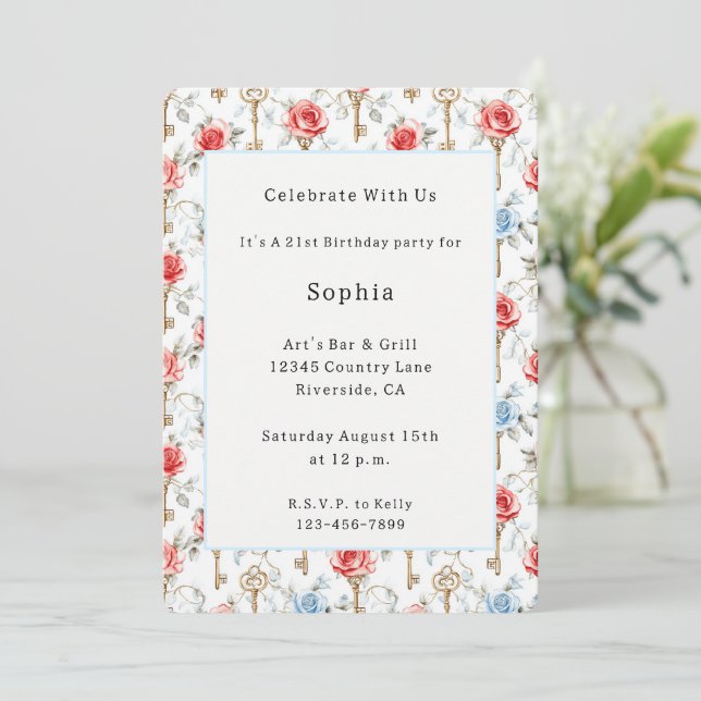 Invitation Roses Bleues Rouges Clés Dorées Anniversaire (Debout devant)