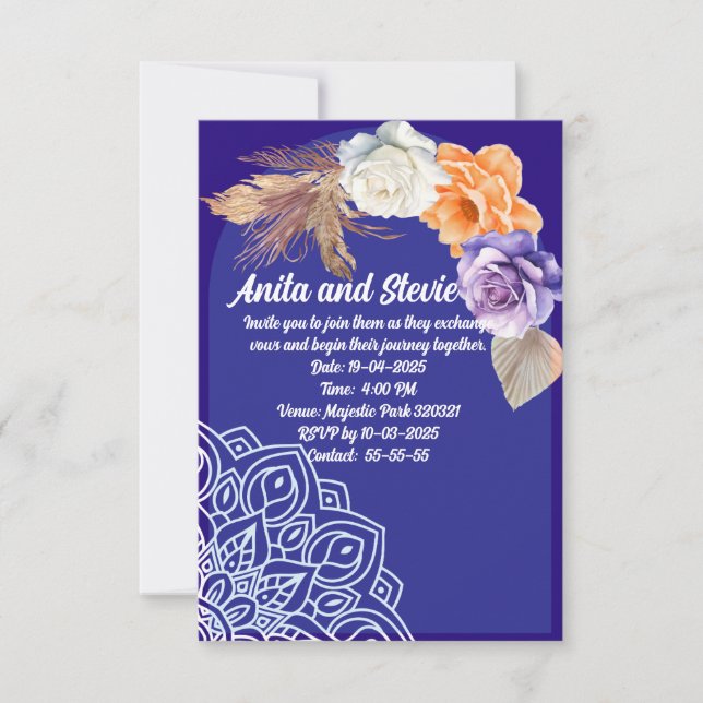 Invitation Roses bleus de la marine et mariage de mandala (Devant)