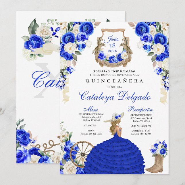 Invitation Roses Bleus de Mariachi Ouest Charro Quinceañera (Devant / Derrière)