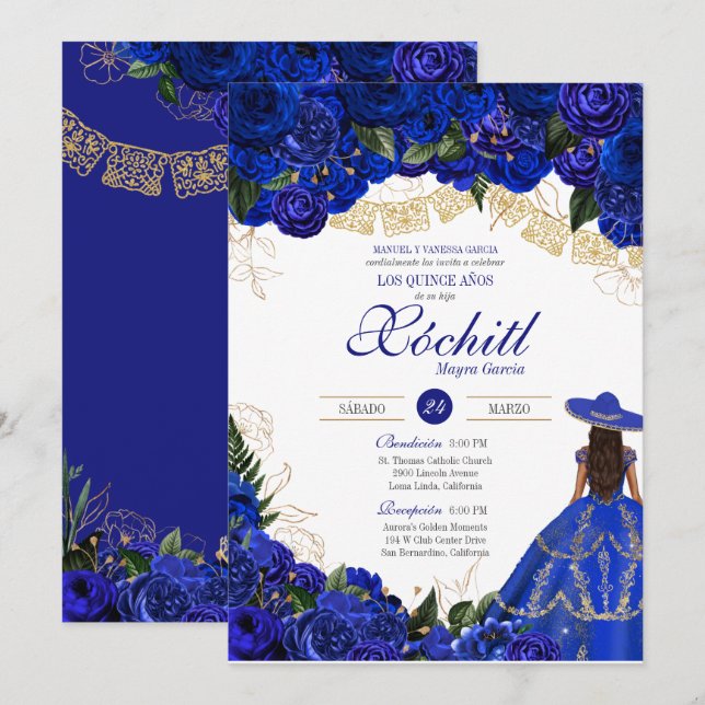 Invitation Roses Bleus Elegant Charro Quinceanera (Devant / Derrière)