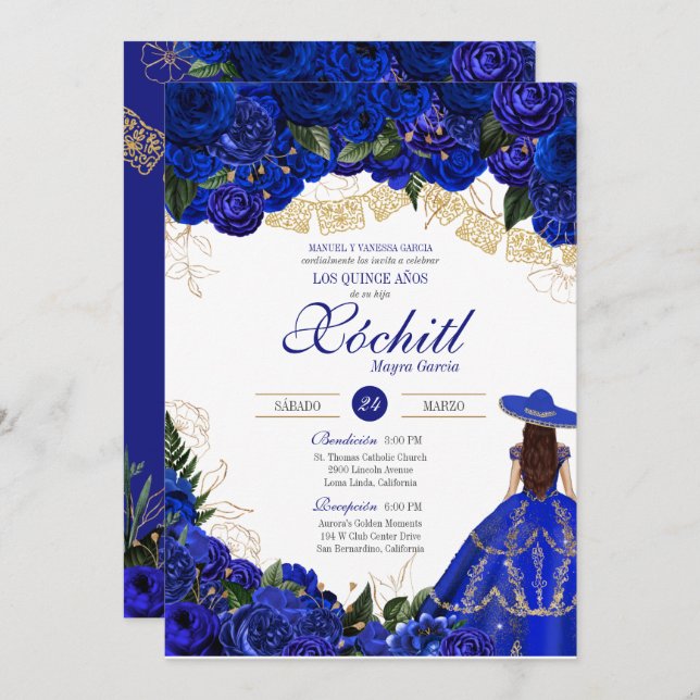 Invitation Roses Bleus Elegant Charro Quinceanera (Devant / Derrière)