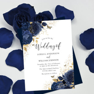 Invitation Roses bleus et papillons d'or de marine Mariage