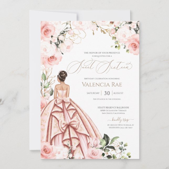 Invitation Roses bleus joli en rose magnifique Gown Sweet 16 (Devant)