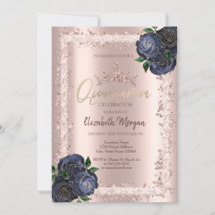 Invitation Roses Bleus Marine, Couronne de Cadre Pailletée Qu