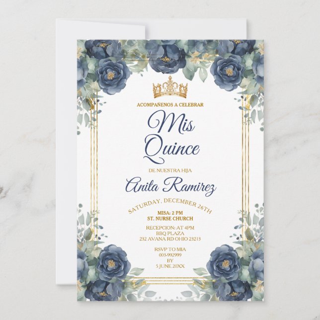 Invitation Roses bleus mexicains Gold & Navy 15 Anos MIS QUIN (Devant)