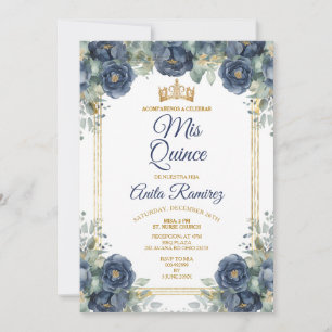 Invitation Roses bleus mexicains Gold & Navy 15 Anos MIS QUIN