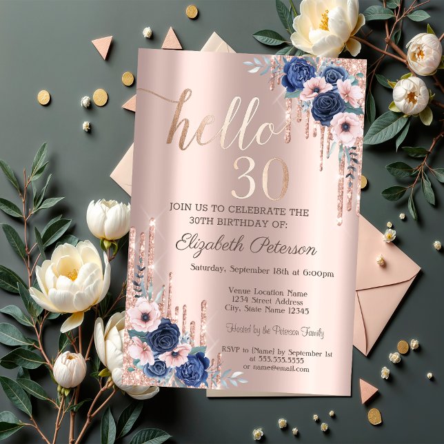Invitation Roses Bleus, Parties scintillant Rose Gold 30e ann (Créateur téléchargé)