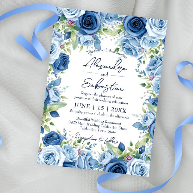 Invitation Roses bleus sophistiqués avec Mariage Feuille vert (Créateur téléchargé)