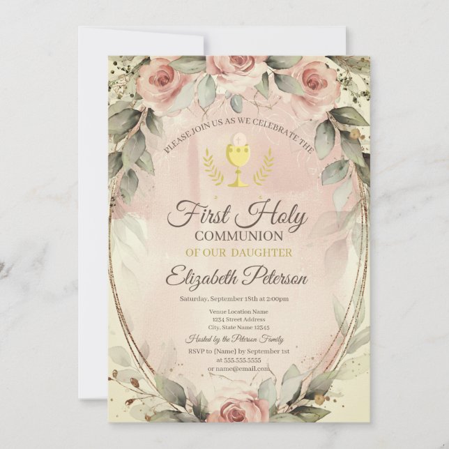 Invitation Roses Blush Aquarelle Première Sainte Communion (Devant)