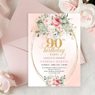 Invitation Roses Blush Raffinées Or Minimaliste 90e Anniversa