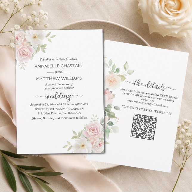 Invitation Roses Blush Soft Tout en Un Code QR Mariage  (Créateur téléchargé)