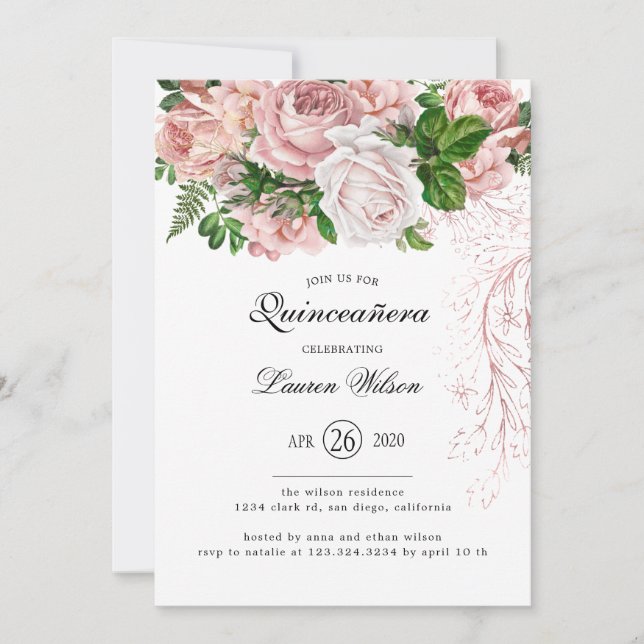 Invitation Roses blush vintages sur Quinceanera blanc (Devant)